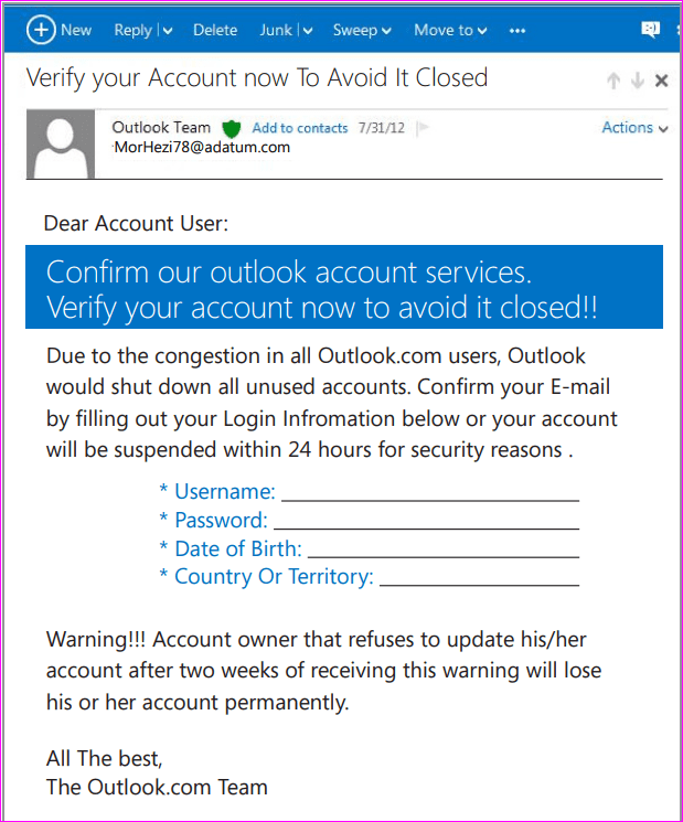 hoax outlook email for testing online security IQ