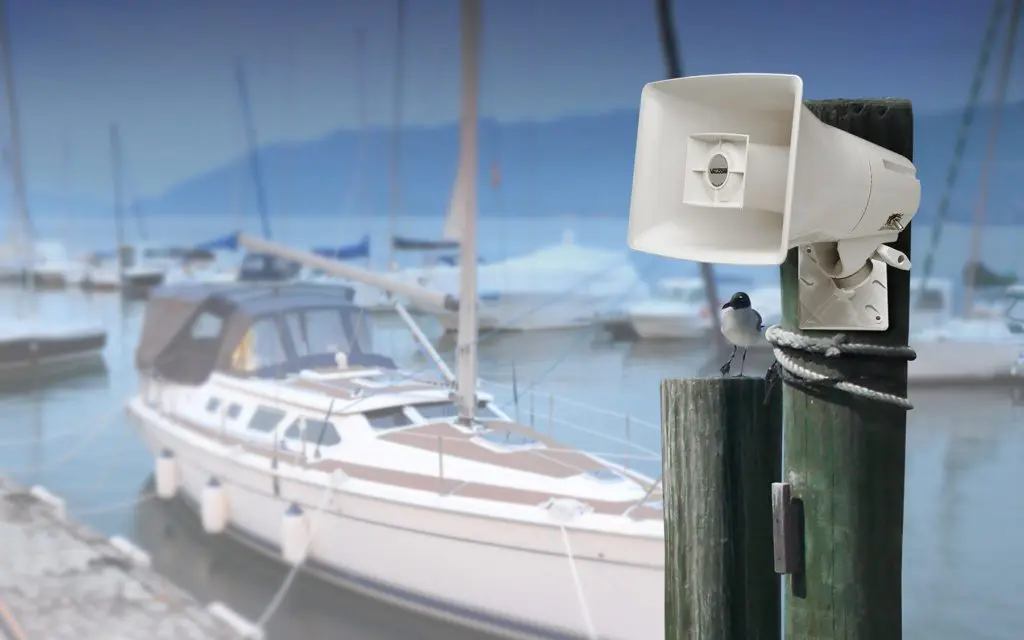 Valcom paging horn speaker outside at marina.