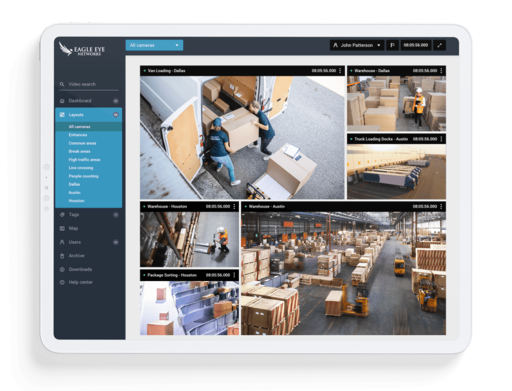 Eagle Eye cloud surveillance video management system platform shown on a tablet.