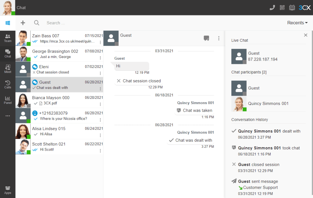 3CX chat management 3CX web client with chat sms messaging management screen