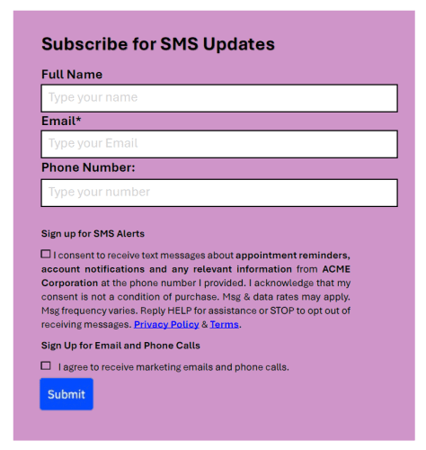 SMS disclosure sample Sample of SMS disclosure on web form.