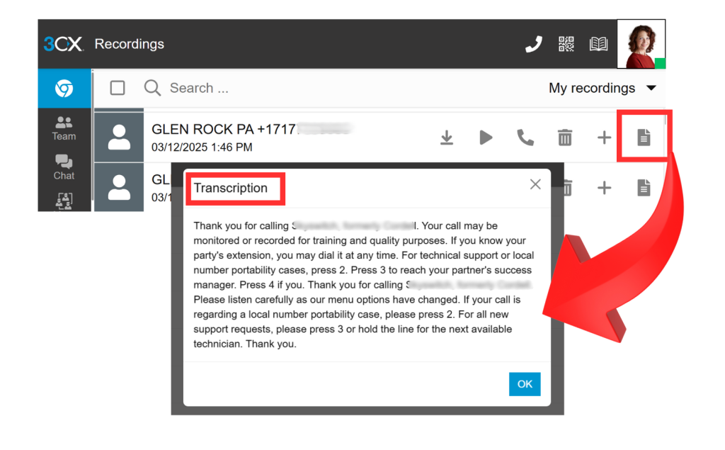 3CX AI Call Transcription v2 3CX AI Call Transcription sample message