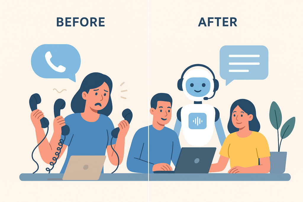 ChatGPT Image Oct 3, 2025, 04_40_59 PM Before and after image of overworked employee taking calls vs. implementing an AI voice agent handling calls.