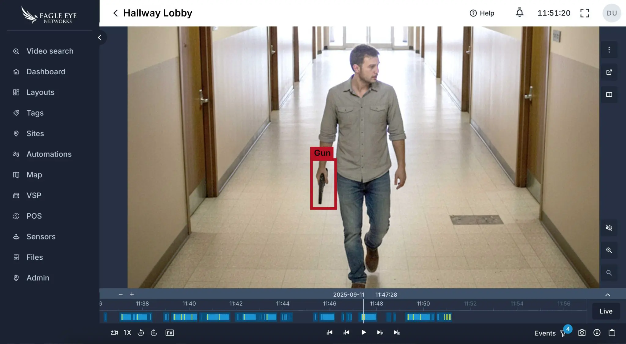 Eagle Eye Networks cloud surveillance video management software showing the gun detection feature with man holding gun.