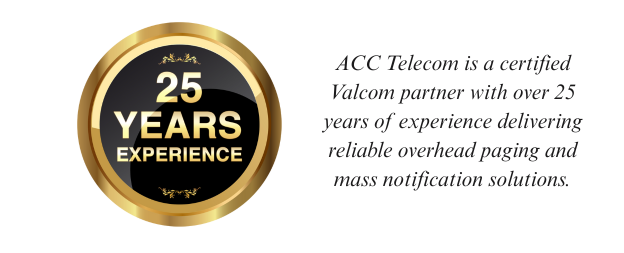 Award badge: ACC Telecom has been a certified Valcom partner for over 25 years.