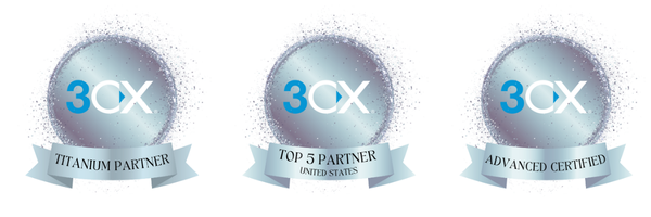 3CX Award badges for ACC Telecom including awards for Top 5 USA Partner, Advanced Certifications and Titanium-level Partnership.