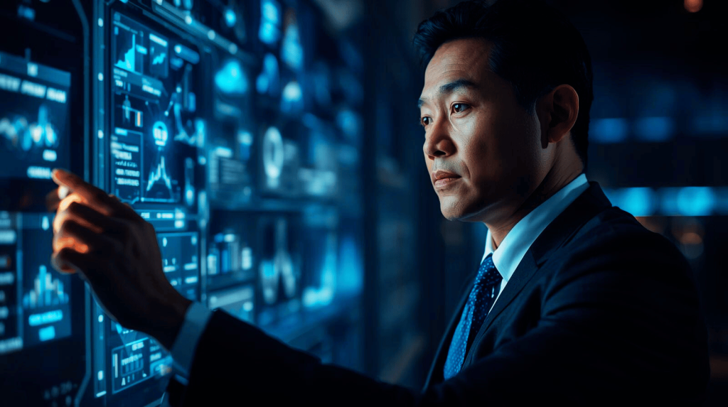 Asian man pointing at an AI software program on a computer screen