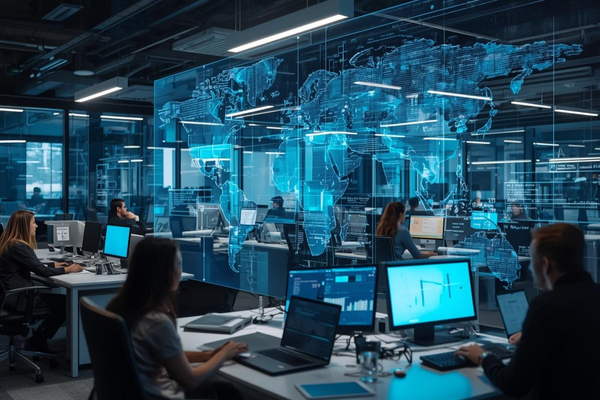 Future office worker using virtual 3D screens and powered by AI voice technology.