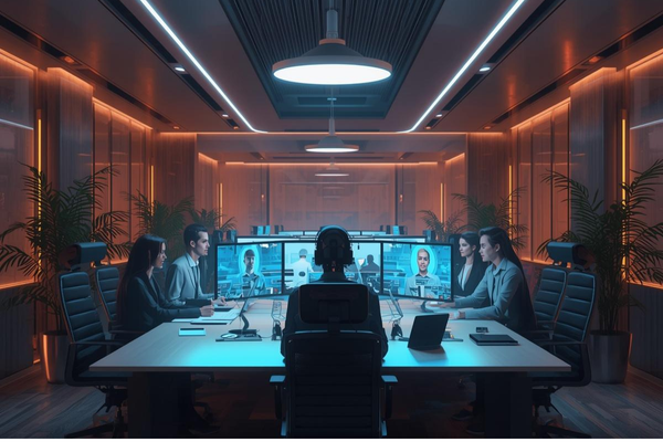 Future office worker using virtual avatars on computer screens during meeting that is also powered by AI voice technology.