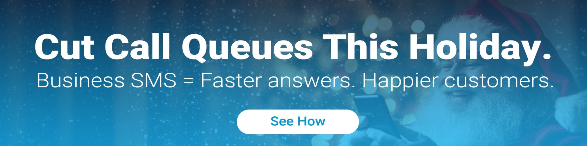 Santa Claus happily using a smartphone in a snowy setting, symbolizing the benefits of using business SMS to reduce call queues during the holiday season.