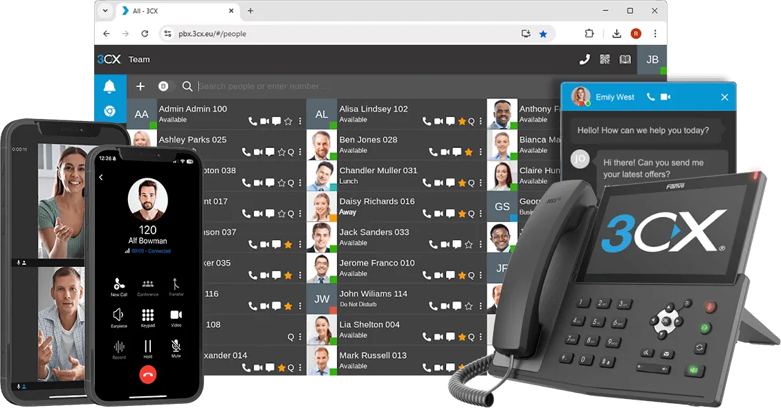 3CX phone system for businesses includes mobile apps, IP phone, chat, video conferencing & more.