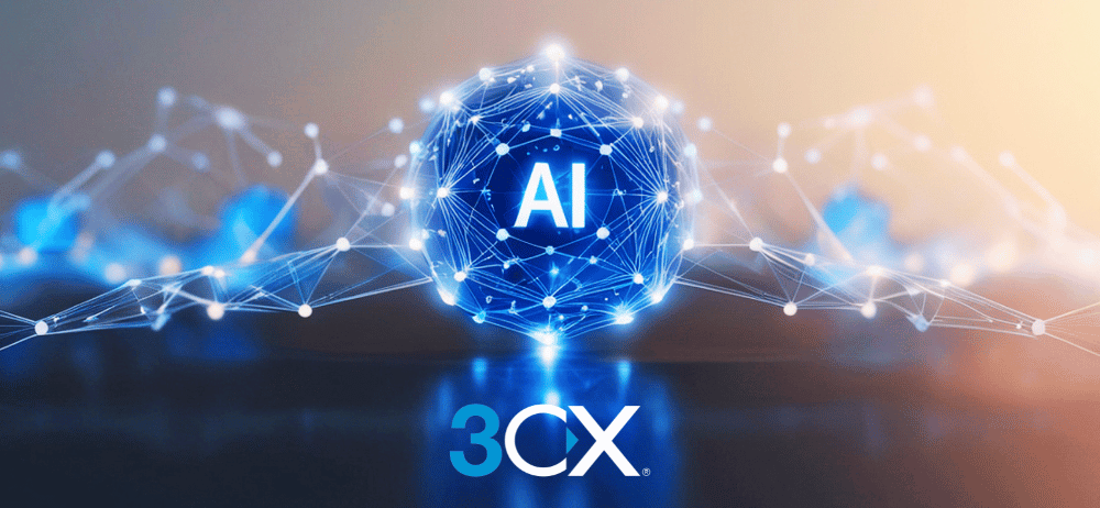 AI virtual technology with data point connections and the 3CX logo.