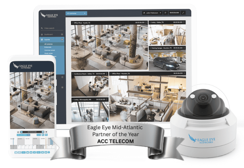 Eagle Eye Networks Video Management Surveillance Management System on phone and tablet with security camera. Award badge for Eagle Eye Mid-Atlantic Partner of the Year.