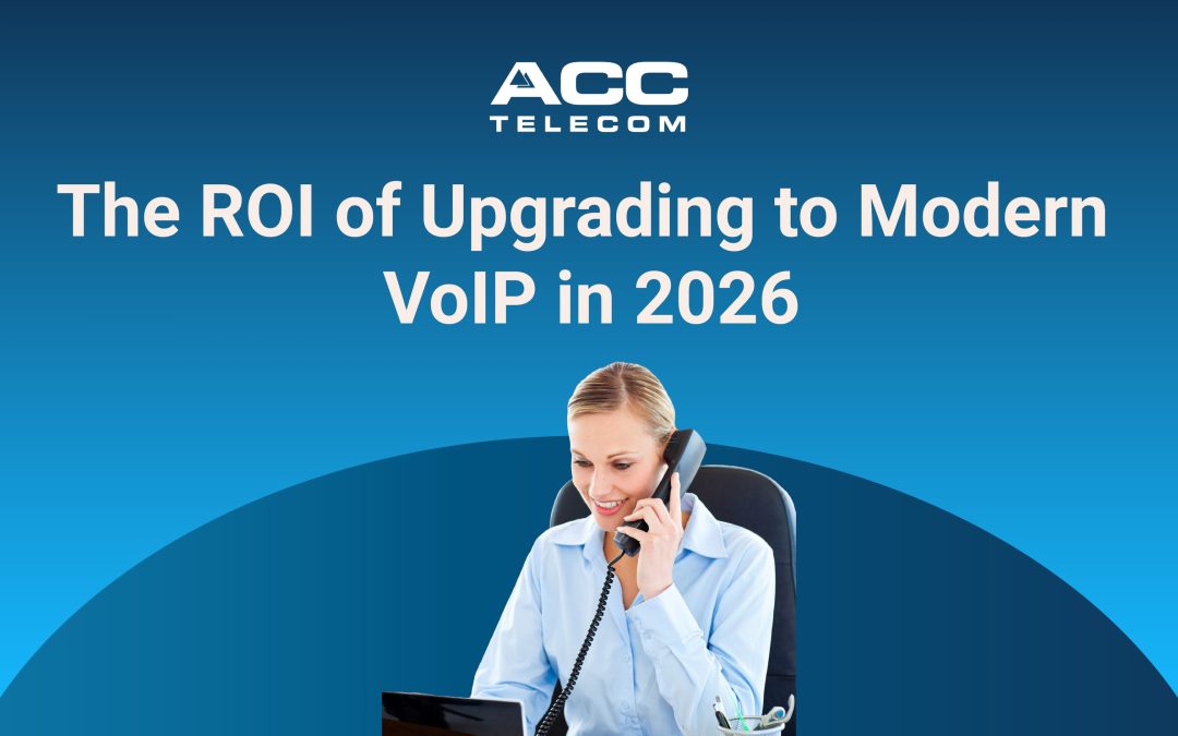 Professional woman speaking on a desk phone beneath the headline “The ROI of Upgrading to Modern VoIP in 2026,” illustrating how businesses can increase VoIP ROI through modernization.